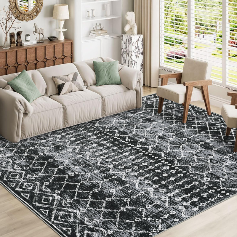Tapis lavable moderne à motif géométrique Tribal, Noir, Rectangle 10 pi x 13 pi