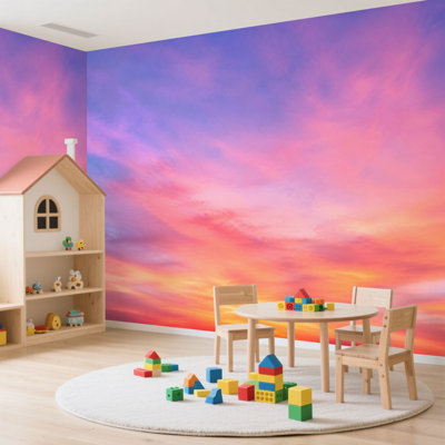 Papier peint adhésif peler et coller ciel rose et bleu effet de couleur pastel, nuages de coucher de soleil, papier auto-adhésif amovible, papier contact mural pour salon Chambre à coucher H 100 po x l 144 po