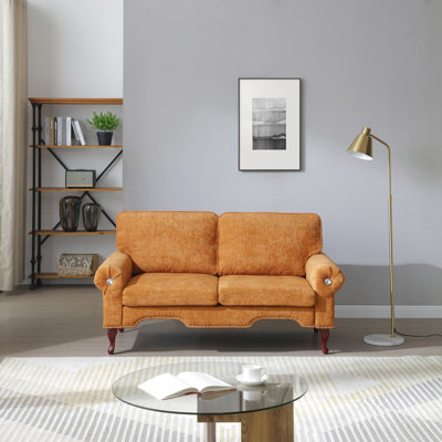 Canapé moderne en lin de 80 pouces à 3 places avec pieds en bois et bouton en cristal et clou en cuivre, dossier capitonné, pour le salon, la chambre à coucher ou le bureau (gris)