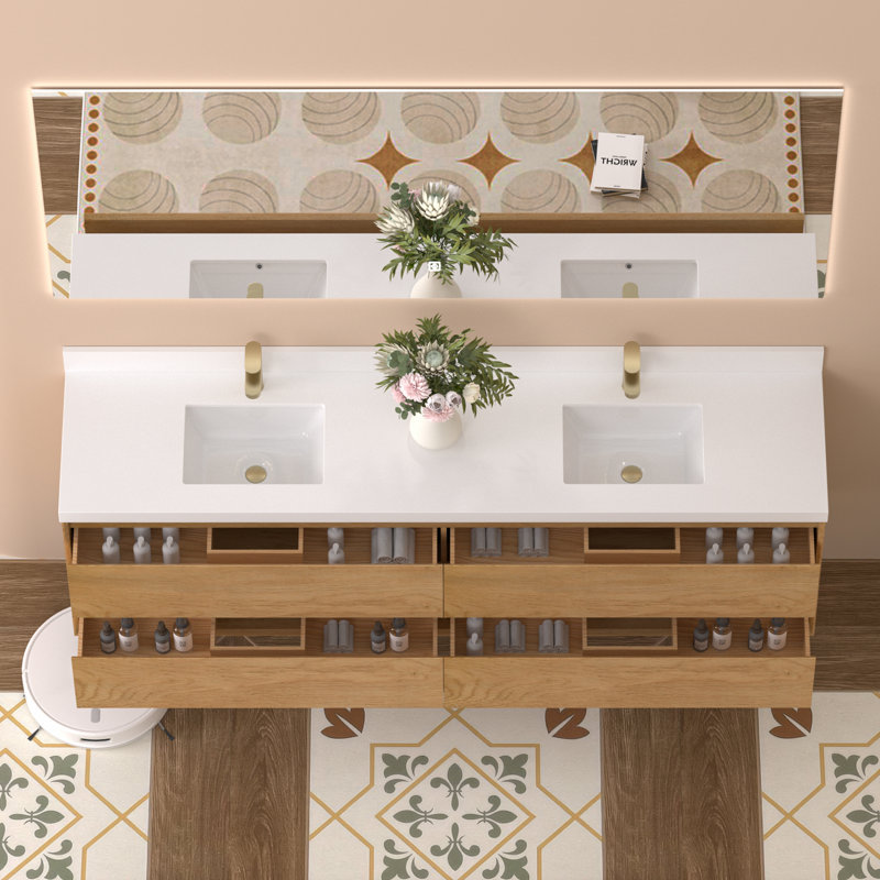 Meuble-lavabo mural double 84 po avec comptoir en pierre de quartz blanc pur et lavabos doubles en céramique