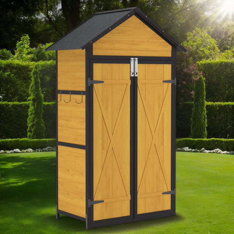 Armoire de rangement extérieure en bois résistante aux intempéries avec toit imperméable, portes verrouillables et table pliable