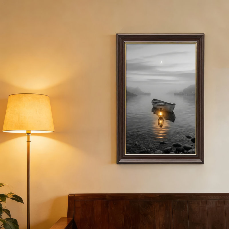 Art mural antique sur toile encadré doré pour le salon, la chambre à coucher, le bureau ou le vestibule - décoration murale décorative avec bateau au clair de lune