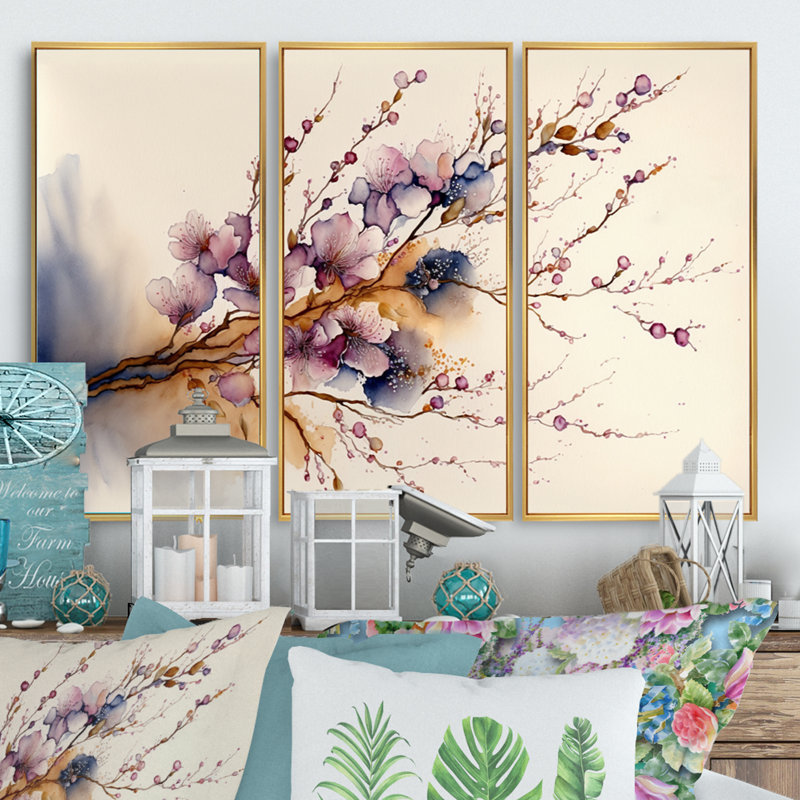 Rose et prune cerisier en fleurs III - ensemble d'art mural moderne sur toile, H 28 po x l 36 po, Cadre flottant doré