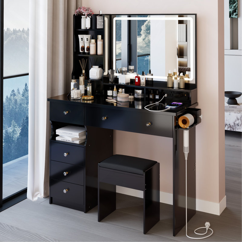 41" Large Size Left Drawer Desktop Vanity Table With Cushioned Stool Dresser Set, 2 AC Outlets And 2 USB Ports Power Station, Hair Dryer Stand, Extra-Large Touch-Control Led Mirror, 3-Color Switching