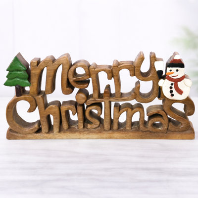Handmade Wooden Sculpture of Merry Christmas with Snowman – Modern Table Christmas Decor & Holiday Gift for Home