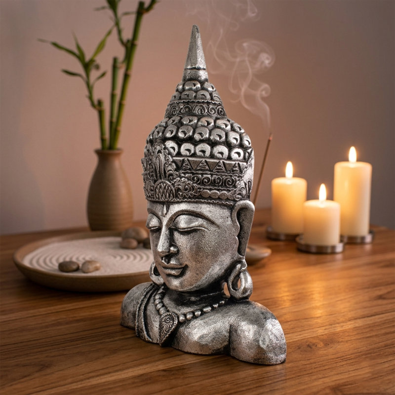 Buste de Bouddha argenté 19 po - Sculpture décorative finie à la main, décoration spirituelle zen, Argent argent