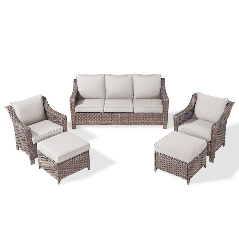 Tya 5 - Pieces Wicker/Rattan Sofa Seating Group With Cushions And Ottomans, Beige