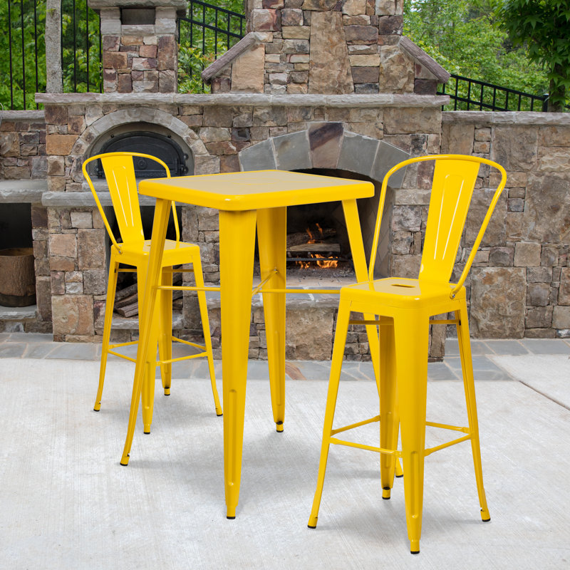 Toquerville Square Metal Indoor-Outdoor Bar Table Set with 2 Stools with Backs, Yellow
