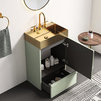 Meuble-lavabo rayé de 20 po, lavabo intégré en or brossé, conception autoportante, norme E1, surface douce au toucher, meuble-lavabo de tiroir avec vasque en métal de style moderne, lavabo une pièce, particules