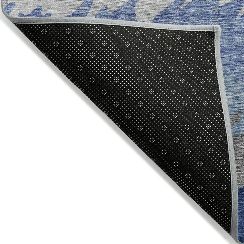 Tapis extérieur lavable rayé bleu marine, gris et argent 9 pi x 12 pi