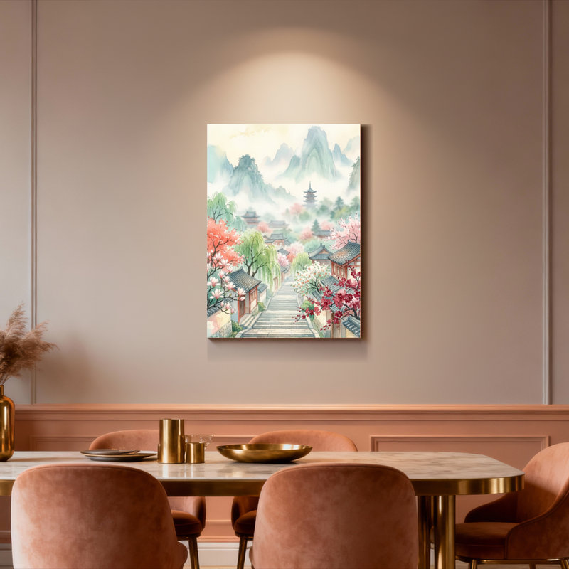 Tableau sur toile représentant un paysage chinois avec des cerisiers en fleurs et des pagodes (lot de 1), H 30 po x l 20 po