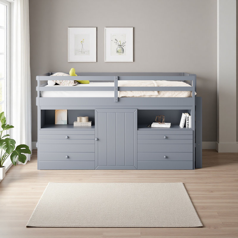 Lit mezzanine simple avec 4 tiroirs, sous l'armoire et les tablettes, Gris