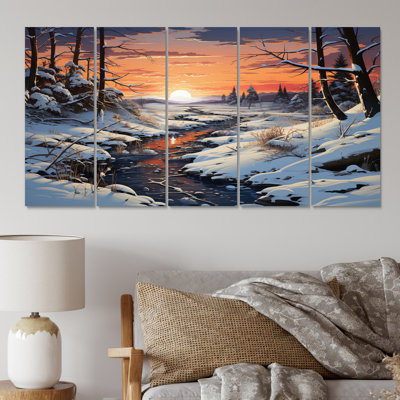 Winter Landscape River - Landscapes Wall Art Print - 5 Equal Panels