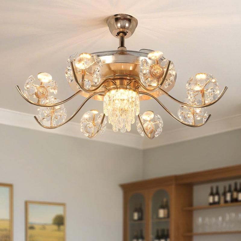 52" Modern Luxury Crystal Ceiling Fan With Led Light Kit & Remote Control, 6 Speeds, 3 Colors Changing, Reversible, Timer