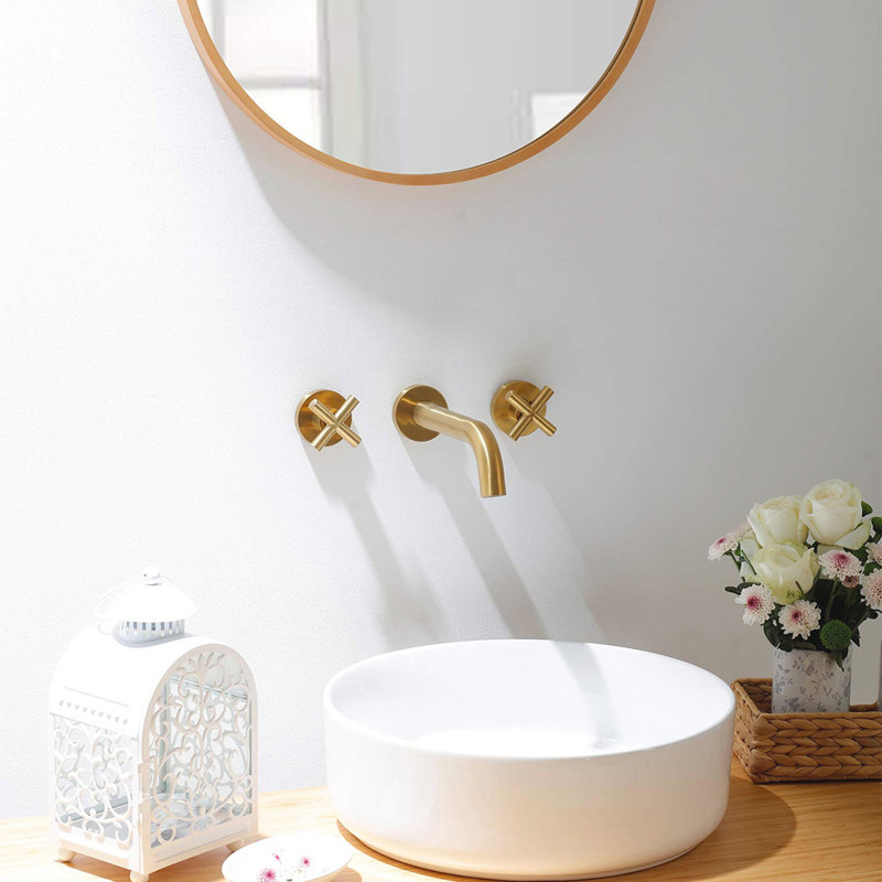 Wall Mounted Optional 2-handle Bathroom Faucet with Drain Assembly, Brushed Gold, Yes