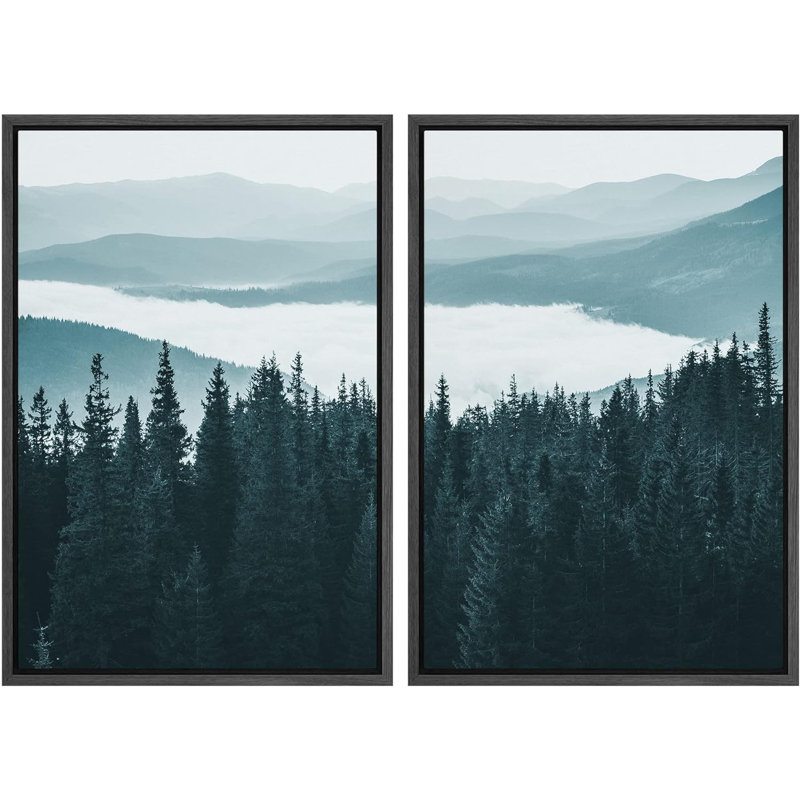 «Pine Tree Forest Mountain Range Valley Nature Landscape», impression sur toile, 2 pièces, Cadre flottant noir