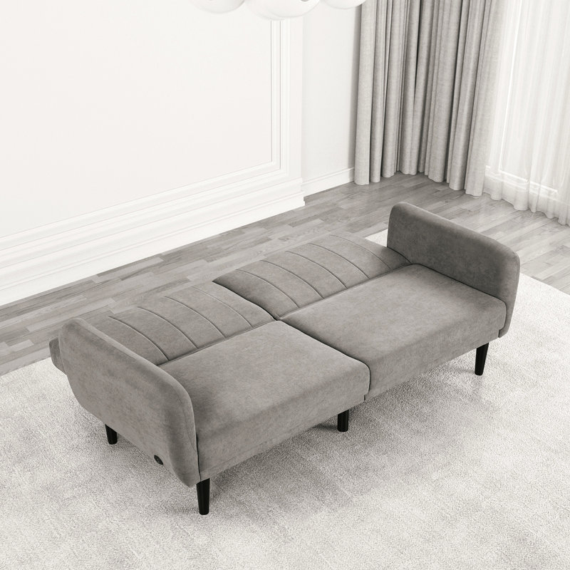 Futon gris contemporain qui se transforme en lit, avec bras de rail souple, dossier cannelé, support de dossier en fer, revêtement en tissu, largeur de 81 pouces
