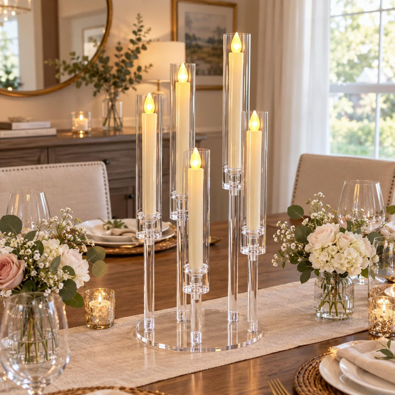 10 centres de table candélabres en acrylique, 5 bougeoirs transparents à branches avec abat-jour amovible pour tables de réception de mariage
