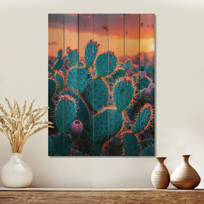 Jardin de cactus au coucher du soleil au Mexique I - Art mural floral en bois de cactus - sur bois de pin naturel