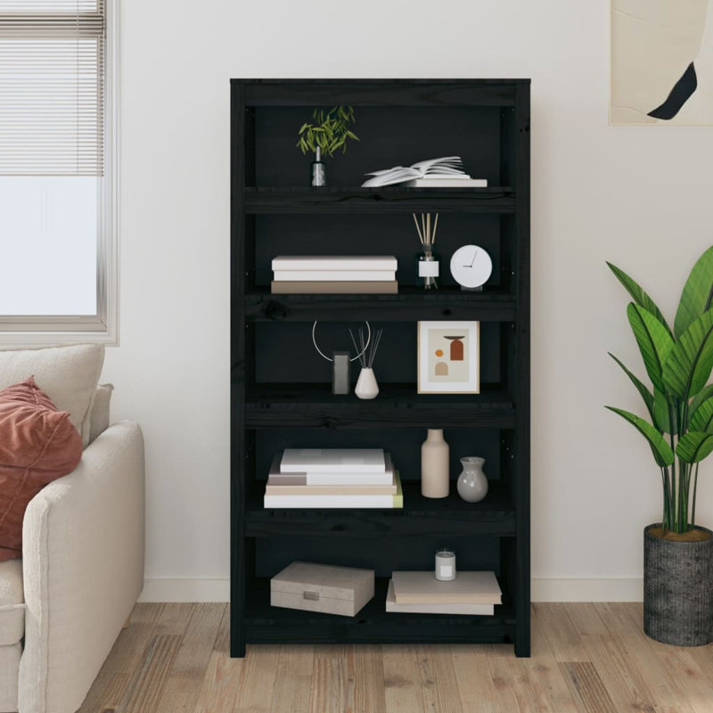 Shinn 154cm H Solid Wood Standard Bookcase, Black, 154cm H x 80cm W x 35cm D