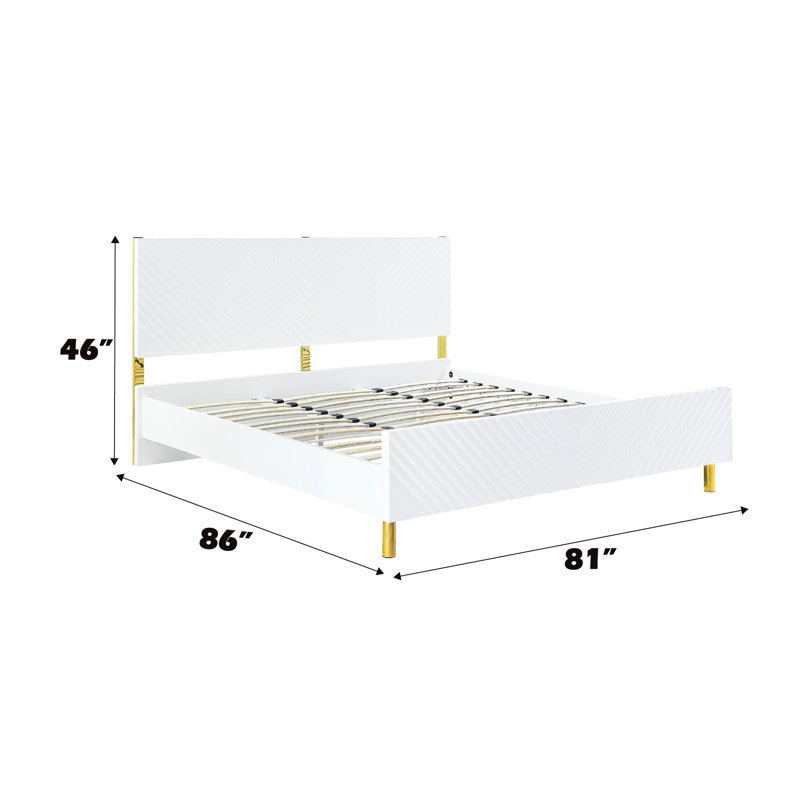 White Metal Ek Bed With High Gloss - No Box Spring Requirement, Fully Kd Structure, Wave Design, 39 Slats, 4 Legs, 660Lbs Max Weight Capacity Pattern Finish Required, Kd, Load-Bearing Limit