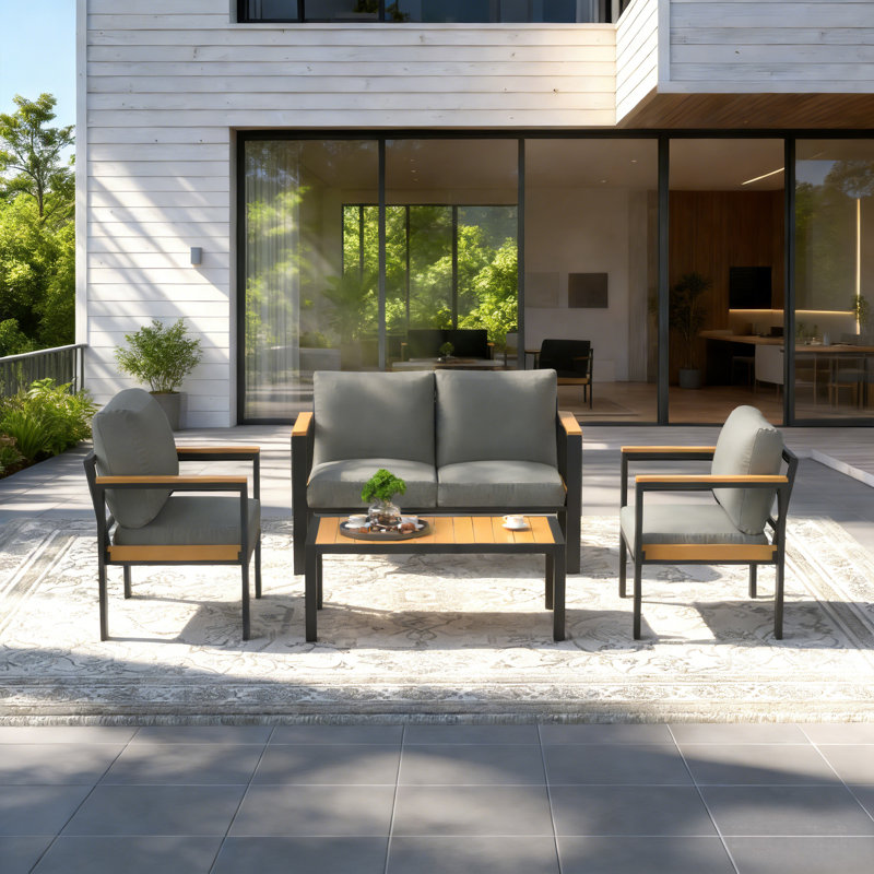 4PCS Patio Furniture Set, All-Weather Aluminum Outdoor Conversation Set With Coffee Table, Gray