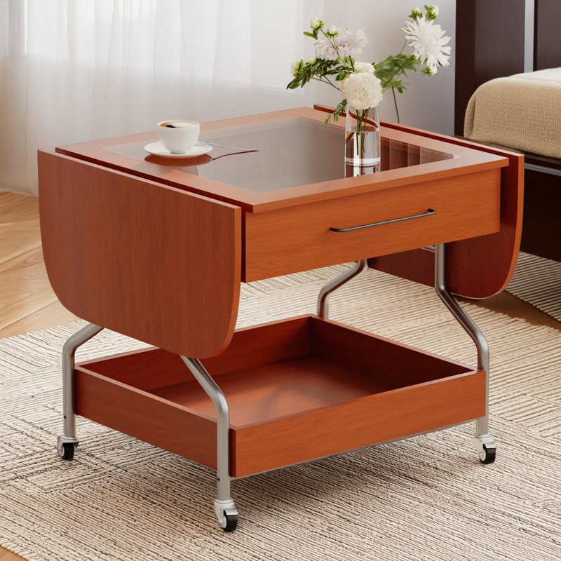 Table basse moderne avec roulettes, table basse pliante avec 1 tiroir et 2 niveaux de rangement, table basse à cadre en métal pour le salon