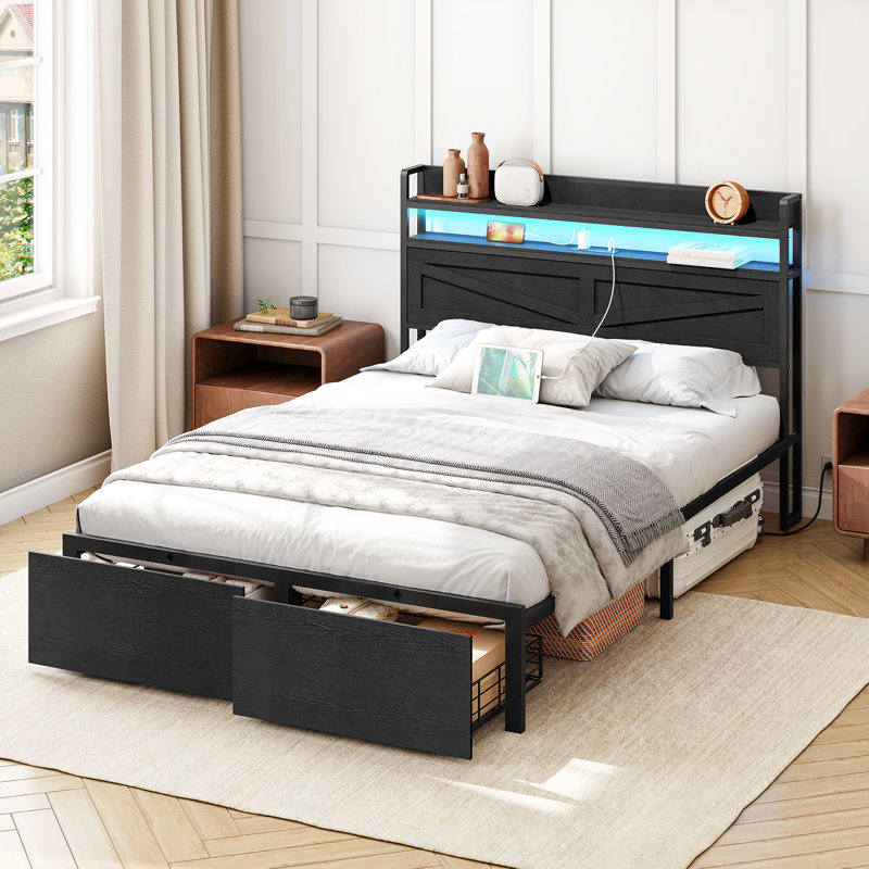 Bejo Metal Storage Bed Frame with LED Light and Charging Station, Full 