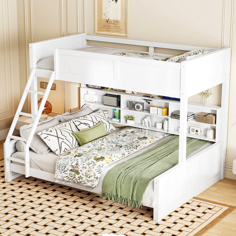 Lit superposé avec armoires de rangement et ports USB, Blanc antique
