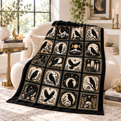 Vintage Raven Halloween Blanket, Celestial Moon Phase Flannel Throw with Mountains, Candles and Botanical Panels for Couch, Bed, Reading Nook, 60 x 80 in