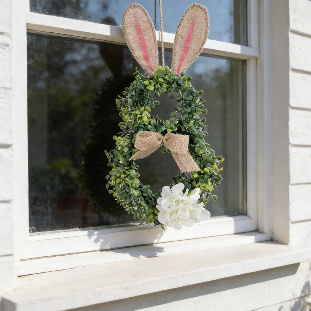 August Grove® Easter Bunny Spring Wreath for Front Door Cute Rabbit Ears Artificial Greenery Boxwood Wreath with Linen Bow and White Hydrangea for Front Door Easter Holiday Season Decoration | Wayfai...