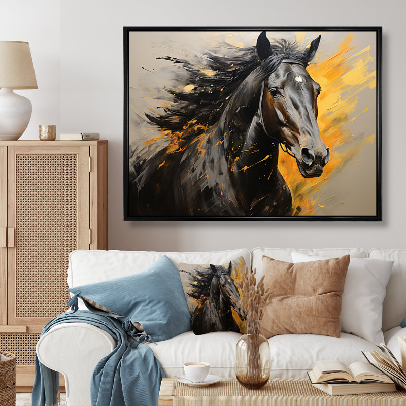 Yellow Black Horse Vibrant Yellow Equine, reproduction d'art sur toile, H 34 po x l 44 po x P 1,5 po, Cadre flottant noir