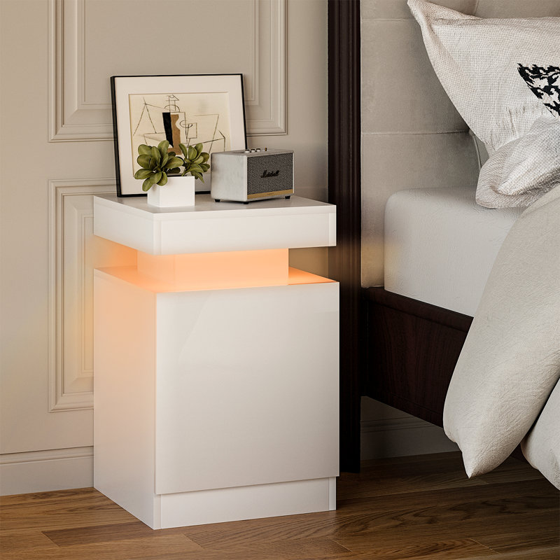 Nightstands with LED Light (Set of 2), Modern Side Table for Bedroom, Living Room, White