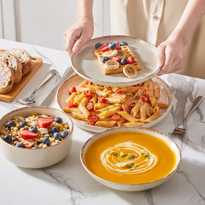 Service de table en grès 24 pièces pour 6 personnes vancasso - comprend assiettes, assiettes à dessert, bols à pâtes et bols à céréales.