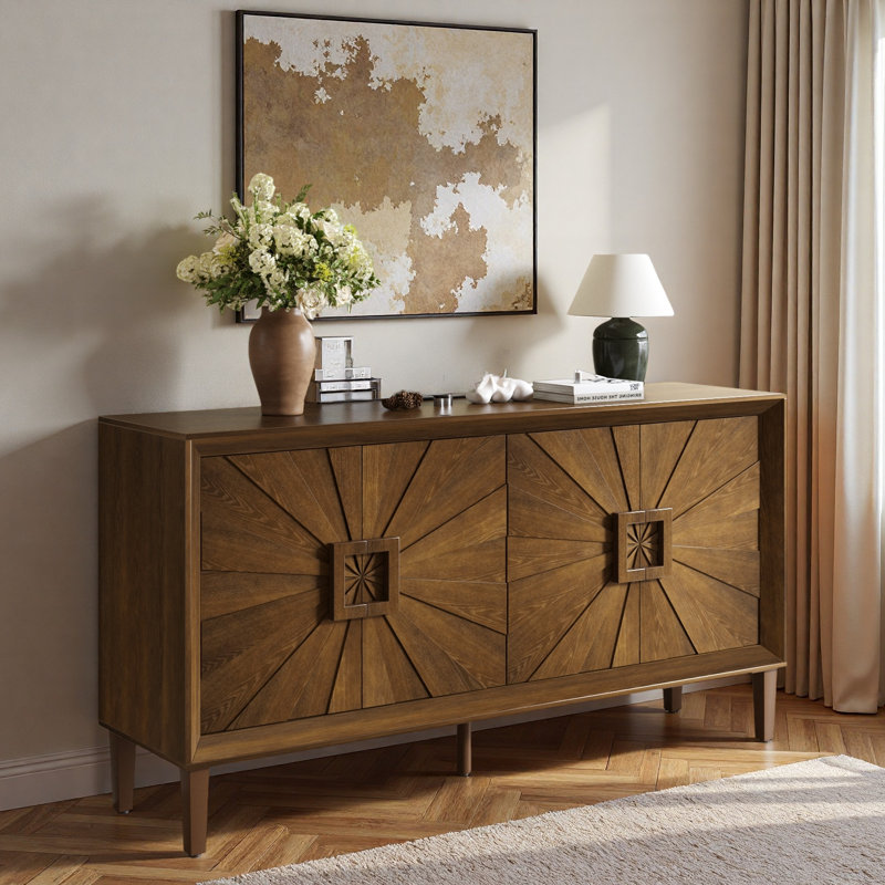 Buffet avec porte symétrique Sunburst et tablettes réglables, Brun antique