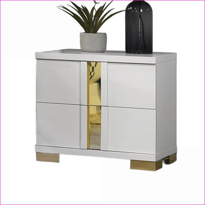 Blanc contemporain Table de chevet 2 tiroirs dorée avec pieds en métal