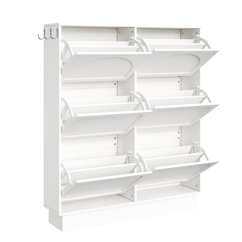 Space Saving Shoe Cabinet With 6 Double - Layer Flip Drawers, Adjustable Shelf, 3 Hooks, Elegant Cream Aesthetic, White Color, , Tip Devices, Air Circulation Style Narrow Partitions, Saving, Finish,