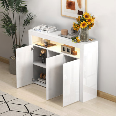 Living Room Sideboard Storage Cabinet White  High Gloss With Led Light, Modern Kitchen Unit Cupboard Buffet Wooden Storage Display Cabinet Tv Stand With 3 Doors For Hallway Dining Room