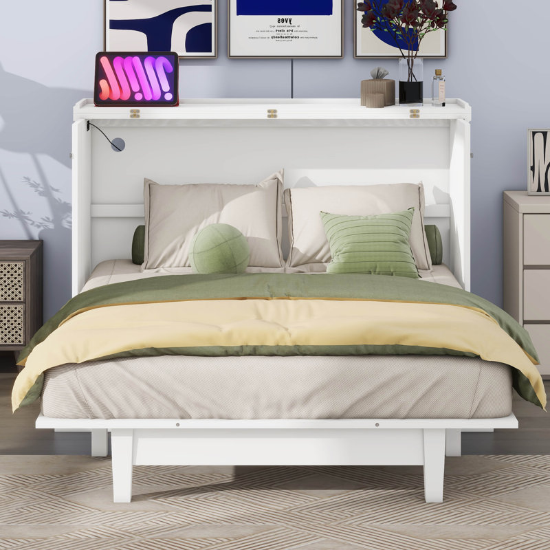 Armoire-lit escamotable avec commode et grand tiroir de rangement Murphy, Blanc, Double