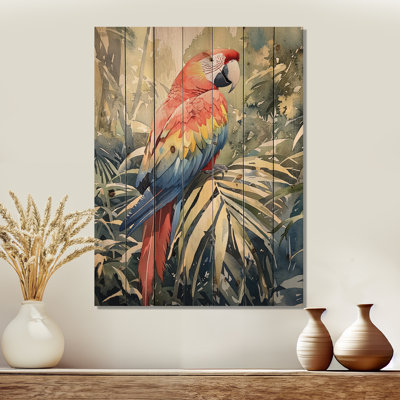 Macaw In The Canopy I - Bird Wood Wall Art - On Natural Pine Wood