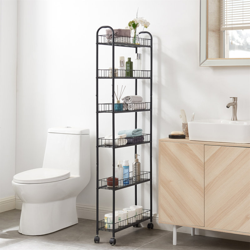 Slim Black Metal Kitchen Cart with Mesh Shelves and Wheels