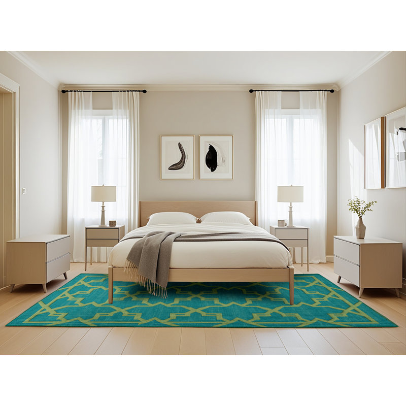 Machine Washable Trellis Green Area Rug, Rectangle 5' x 8'