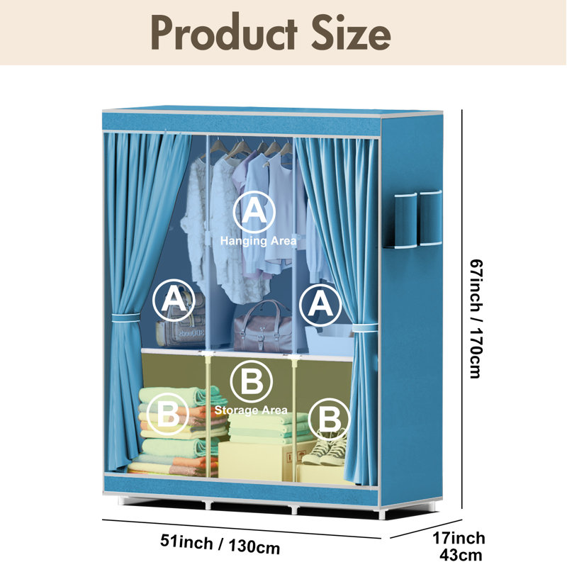 Wardrobe Closet Storage with 3 Hanging Rods, Portable Closet Organizers and Storage, Clothes Rack Shelf Garment Cabinet, Tool Free Assembly