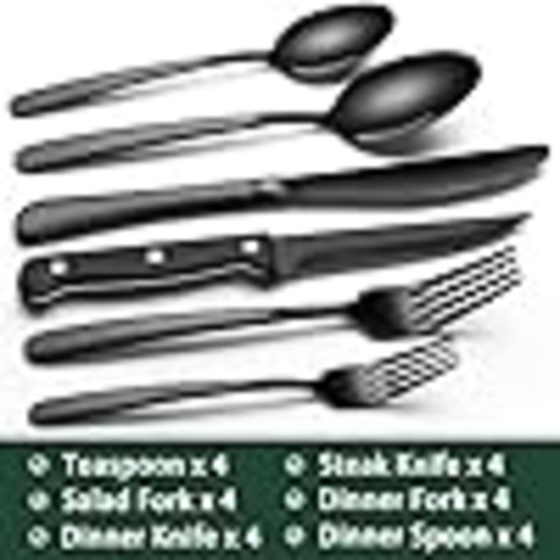 Black Hammered Silverware Set With Steak Knives, 24-Piece Stainless Steel Heavy Duty Flatware Set For 4, Food-Grade Tableware Cutlery Set, Utensil Sets For Home Restaurant, Mirror Finish