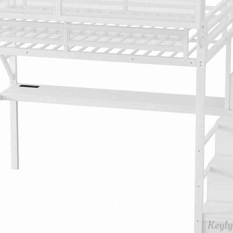 Lit mezzanine en métal avec bureau et station de charge, escalier et lumière, Blanc, Grand