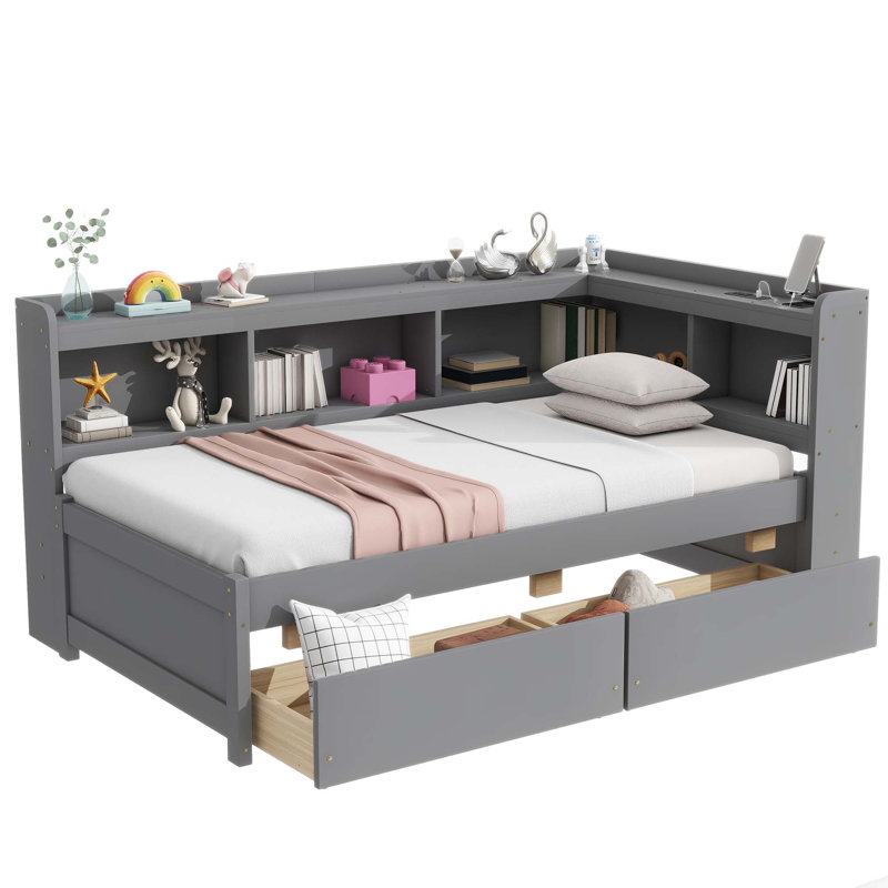 Twin Size L-Shaped Bookcases Bed With Power Outlets, USB Charging Ports,Two Drawers, Gray, Twin