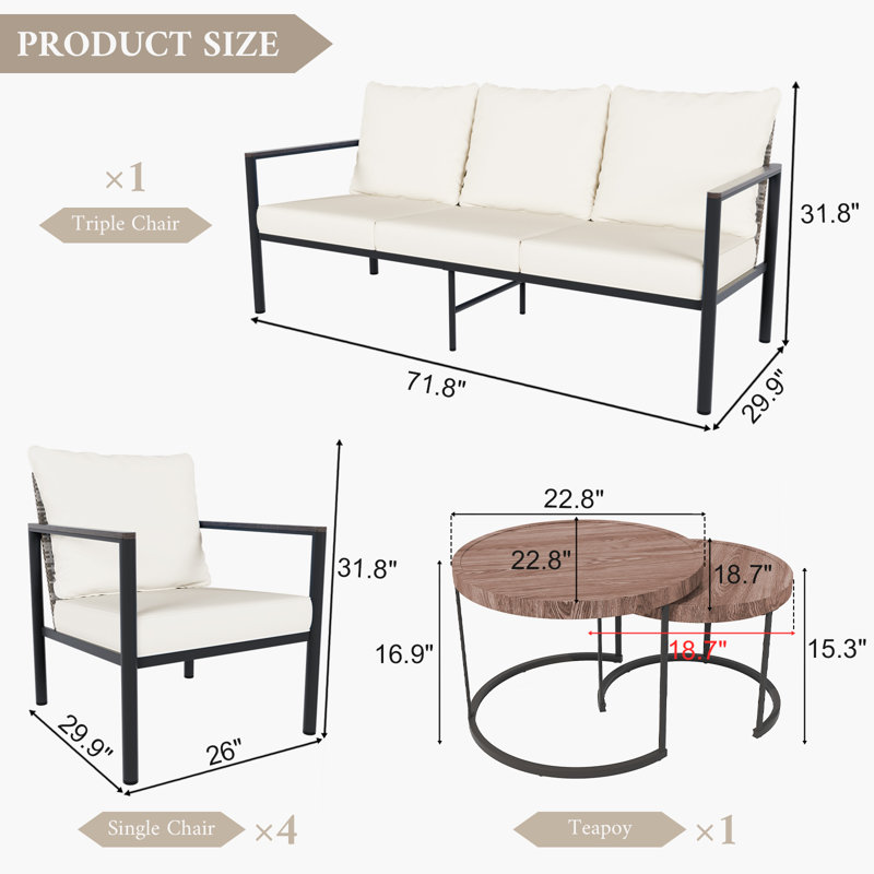 7-piece Outdoor Patio Conversation Set With Cushions, Powder-coated Aluminum Frame, Wood-grain Arms & Coffee Tables, Beige