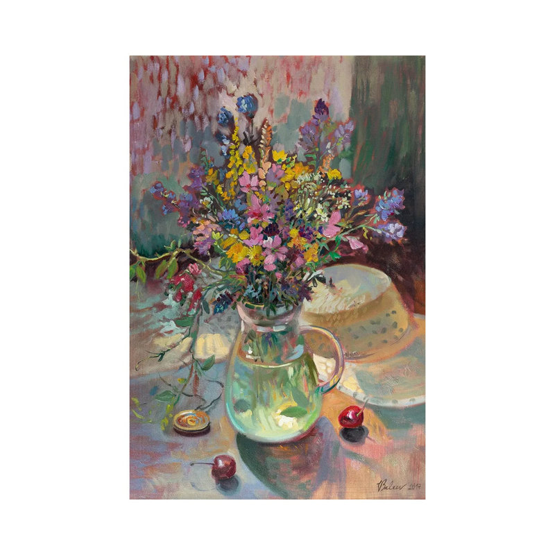Meadow Bouquet And Straw Hat by Katharina Valeeva - Wrapped Canvas Painting, 66.04 cm H x 45.72 cm W x 3.175 cm D