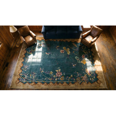 Tapis rectangulaire en laine antique bleu noué à la main de style art déco des années 1920
