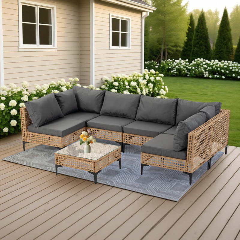 Ensemble de canapé modulaire d'extérieur 7 pièces, rotin en osier avec coussins et table pour terrasse, Gris
